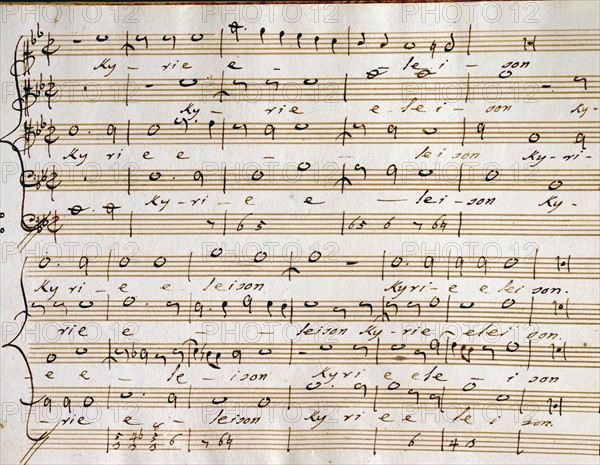 Manuscript copies of the partition "Mass for four voices Kyrie Eleison", by Pier Luigi da Palestrina