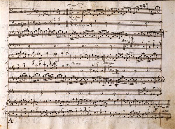Copie manuscrite de la partition de la "Sonata per violino, violone e cembalo", d'Arcangelo Corelli