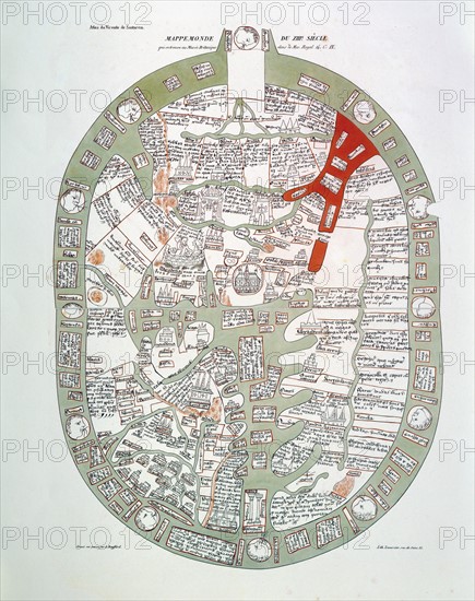 Reproduction de la mappemonde du "Polychronicon" de Ranulf Higden, daté du 14e siècle et conservé à la British Library de Londres