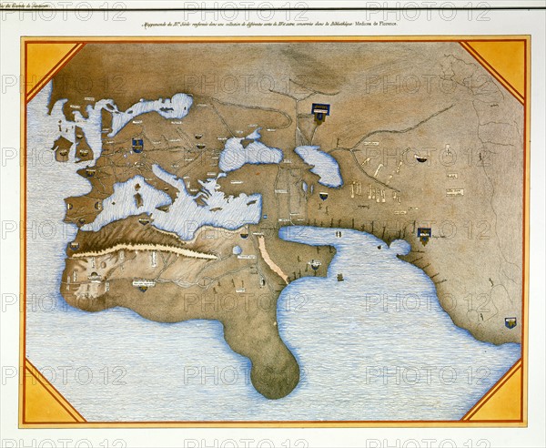 Reproduction d'une mappemonde du 15e siècle conservée à la Bibliothèque Laurenziana de Florence