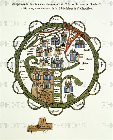 Reproduction of a world map of the "Great Chronicles of Saint Denis" from the Library of Saint Genevieve in Paris