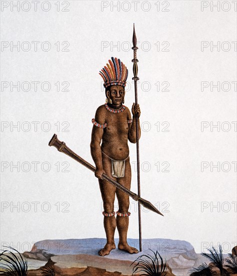 Indigène Uerequena orné de plumes, portant sa lance