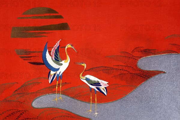 Kamisaka Sekka, "Oiseaux au coucher du soleil sur le lac"