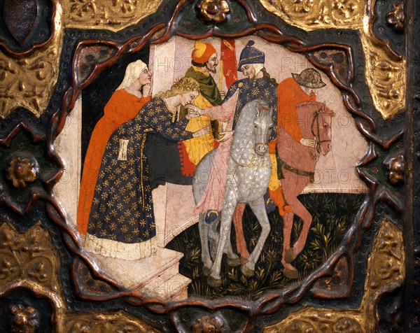 Coffre de mariage avec peinture à la détrempe et reliefs. Episode de la "Novella di ser Torello" du Decameron de Giovanni Boccaccio