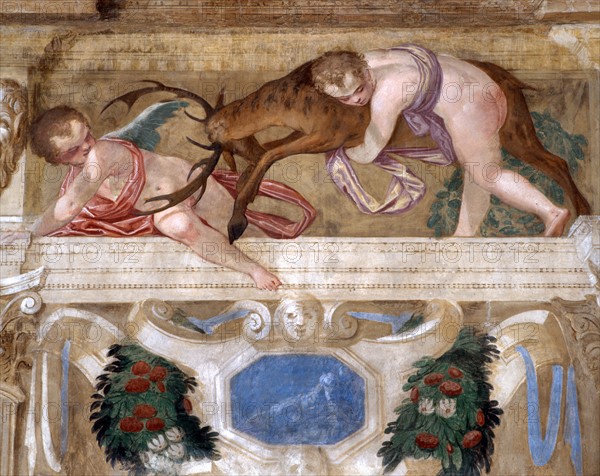 Giovanni Battista Zelotti, Petits amours avec un cerf et des guirlandes de fleurs