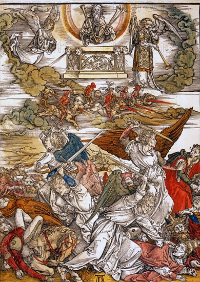 Albrecht Dürer. Au son de la trompette de la du sixième ange, les quatre anges enchaînés à l'Euphrate sont libérés, et prêt à tuer un tiers de l'humanité