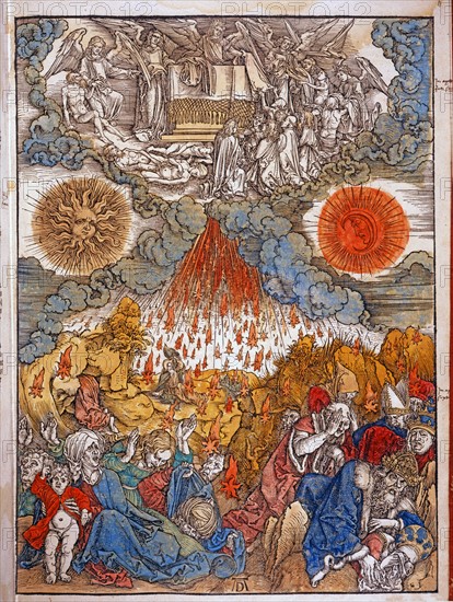 Albrecht Dürer. Le sixième sceau. Le tremblement de terre. L’occultation du soleil. La lune devient rouge de sang, et les étoiles tombent sur la terre