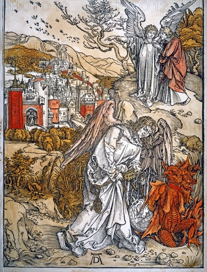 Albrecht Dürer. L'ange descend du ciel avec les clés des abysses, et piège le démon, qui restera enfermé pendant mille ans