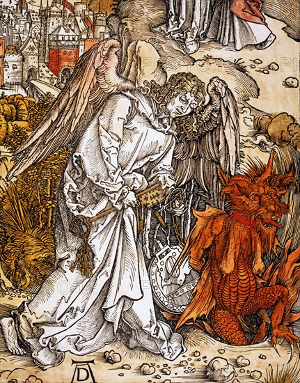 Albrecht Durer. The angel descends from heaven with the keys of the abyss, and traps the demon, which will remain enclosed for a thousand years (detail)