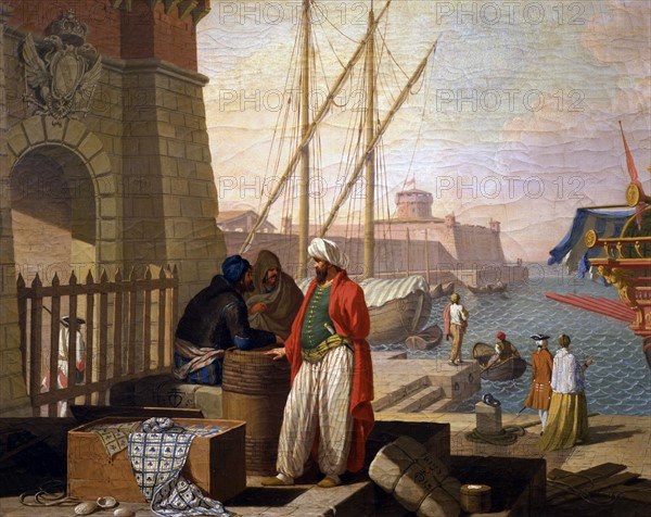 Zocchi, Vue sur le port de Livorno. Détail : Le marchand arabe.