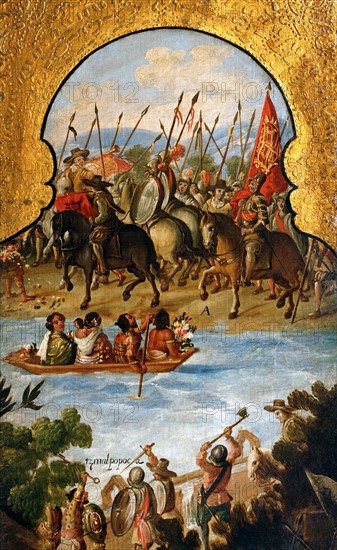 Screen decorated with scenes from the Spanish conquest