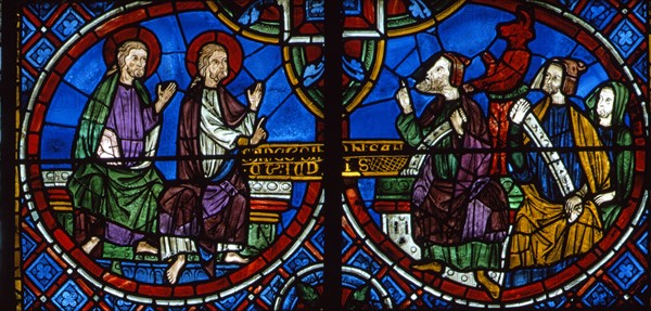 Les saints Simon et Jude face aux sorciers Zoroes et Arphatax (vitrail de Chartres)