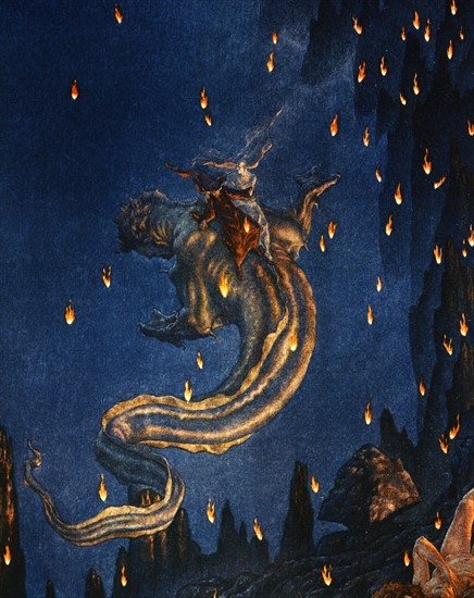 "The Divine Comedy", Inferno: Dante and Virgil go down into the abyss on the back of the demon Geryon (detail)