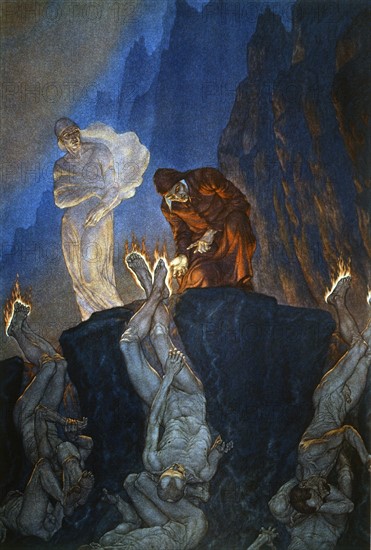 "La Divine Comédie", l'Enfer : Les Simoniaques plongés la tête en bas dans des trous circulaires, la plante des pieds brûlée par des flammes
