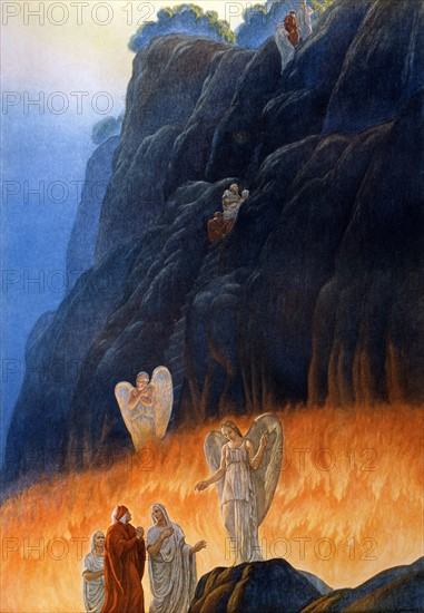 "La Divine Comédie", le Purgatoire : Dante avec l'ange de la chasteté et l'ange du paradis terrestre
