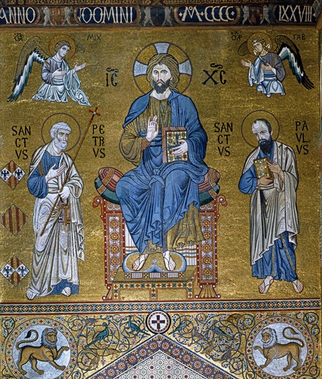 Christ bénissant, entre saint Pierre et vsaint Paul. Chapelle palatine de Palerme.