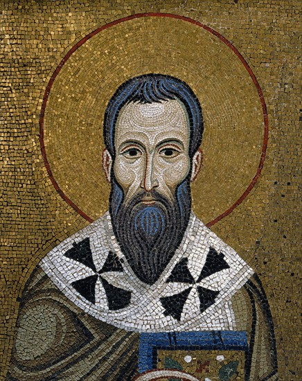 Chapelle palatine de Palerme
Mosaïques byzantines du mur gauche du transept
Basile de Césarée (329-379), Docteur de l'Église
Saint Patron de Cappadoce, auteur de la règle de saint Basile
Palerme (Italie, Sicile), Palais des Normands, Chapelle Palatine (Palazzo dei Normanni, Cappella Palatina), consacrée en 1143.