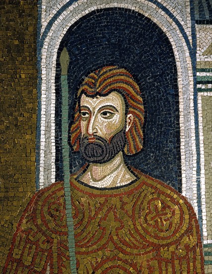 Chapelle palatine de Palerme
Mosaïque byzantine de la nef
Détail : soldat armé de sa lance

Palerme (Italie, Sicile), Palais des Normands, Chapelle Palatine (Palazzo dei Normanni, Cappella Palatina), consacrée en 1143.