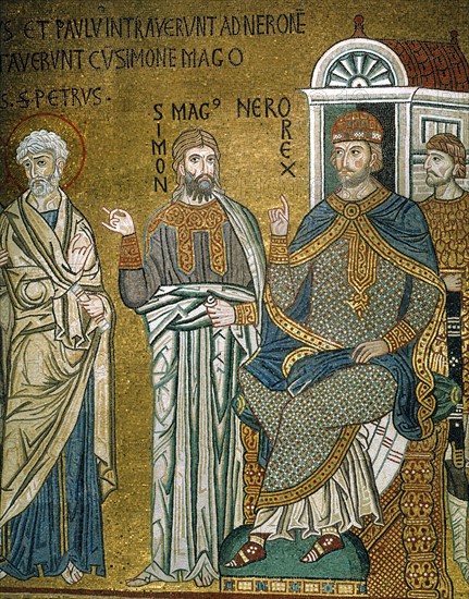 Chapelle palatine de Palerme
Mosaïque byzantine de la nef
Simon le Magicien et l'empereur Néron

Palerme (Italie, Sicile), Palais des Normands, Chapelle Palatine (Palazzo dei Normanni, Cappella Palatina), consacrée en 1143.