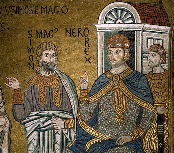 Chapelle palatine de Palerme
Mosaïque byzantine de la nef
Simon le Magicien et l'empereur Néron

Palerme (Italie, Sicile), Palais des Normands, Chapelle Palatine (Palazzo dei Normanni, Cappella Palatina), consacrée en 1143.