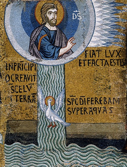 Chapelle palatine de Palerme
Mosaïque byzantine
La Genèse
"Fiat Lux", Dieu crée la lumière et la séparation des eaux

Palerme (Italie, Sicile), Palais des Normands, Chapelle Palatine (Palazzo dei Normanni, Cappella Palatina), consacrée en 1143.