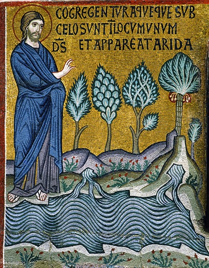 Chapelle palatine de Palerme
Mosaïque byzantine
La Genèse
Au troisième jour, Dieu divise la masse des eaux et crée les rivières, les mers, des plantes et des arbres

Palerme (Italie, Sicile), Palais des Normands, Chapelle Palatine (Palazzo dei Normanni, Cappella Palatina), consacrée en 1143.