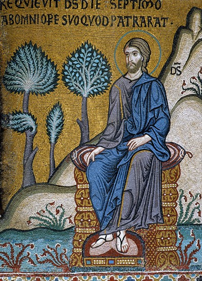 Chapelle palatine de Palerme
Mosaïque byzantine
La Genèse
Dieu se repose et sanctifie le septième jour

Palerme (Italie, Sicile), Palais des Normands, Chapelle Palatine (Palazzo dei Normanni, Cappella Palatina), consacrée en 1143.