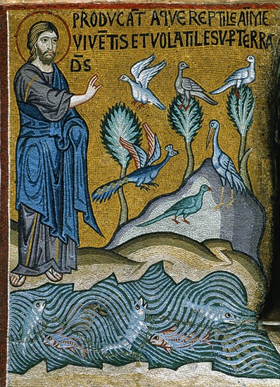 Chapelle palatine de Palerme
Mosaïque byzantine
La Genèse
Au cinquième jour, Dieu crée les oiseaux et les poissons

Palerme (Italie, Sicile), Palais des Normands, Chapelle Palatine (Palazzo dei Normanni, Cappella Palatina), consacrée en 1143.