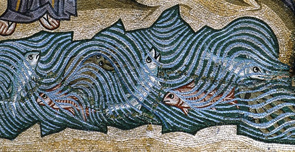 Chapelle palatine de Palerme
Mosaïque byzantine
La Genèse
Au cinquième jour, Dieu crée les oiseaux et les poissons
Détail

Palerme (Italie, Sicile), Palais des Normands, Chapelle Palatine (Palazzo dei Normanni, Cappella Palatina), consacrée en 1143.