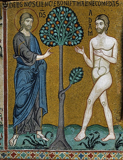 Chapelle palatine de Palerme
Mosaïque byzantine
La Genèse
Dieu, Adam et l'arbre de la connaissance du bien et du mal
Dieu interdit à Adam de manger le fruit de cet arbre

Palerme (Italie, Sicile), Palais des Normands, Chapelle Palatine (Palazzo dei Normanni, Cappella Palatina), consacrée en 1143.