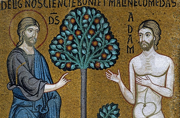 Chapelle palatine de Palerme
Mosaïque byzantine
La Genèse
Dieu, Adam et l'arbre de la connaissance du bien et du mal
Dieu interdit à Adam de manger le fruit de cet arbre
Détail

Palerme (Italie, Sicile), Palais des Normands, Chapelle Palatine (Palazzo dei Normanni, Cappella Palatina), consacrée en 1143.