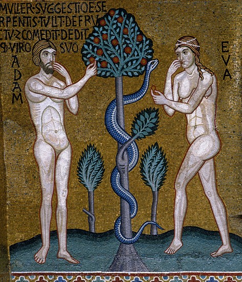 Chapelle palatine de Palerme
Mosaïque byzantine
La Genèse
Le péché originel
Adam et Ève, tentés par le serpent, mangent le fruit de l'arbre de la connaissance du bien et du mal

Palerme (Italie, Sicile), Palais des Normands, Chapelle Palatine (Palazzo dei Normanni, Cappella Palatina), consacrée en 1143.