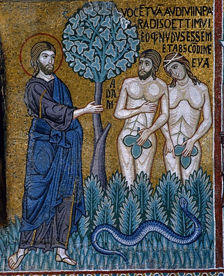 Chapelle palatine de Palerme
Mosaïque byzantine
La Genèse
Le péché originel
Adam et Eve après avoir mangé le fruit défendu
La honte de leur nudité

Palerme (Italie, Sicile), Palais des Normands, Chapelle Palatine (Palazzo dei Normanni, Cappella Palatina), consacrée en 1143.