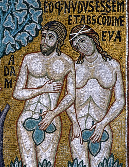 Chapelle palatine de Palerme
Mosaïque byzantine
La Genèse
Le péché originel
Adam et Eve après avoir mangé le fruit défendu
La honte de leur nudité
Détail

Palerme (Italie, Sicile), Palais des Normands, Chapelle Palatine (Palazzo dei Normanni, Cappella Palatina), consacrée en 1143.