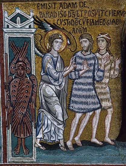Chapelle palatine de Palerme
Mosaïque byzantine
La Genèse
Le péché originel
Adam et Eve chassés du Paradis
Palerme (Italie, Sicile), Palais des Normands, Chapelle Palatine (Palazzo dei Normanni, Cappella Palatina), consacrée en 1143.