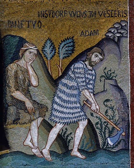 Chapelle palatine de Palerme
Mosaïque byzantine
La Genèse
Le péché originel
La douleur d'Eve, et la fatigue d'Adam forcé à travailler pour se nourrir

Palerme (Italie, Sicile), Palais des Normands, Chapelle Palatine (Palazzo dei Normanni, Cappella Palatina), consacrée en 1143.