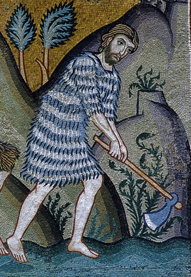 Chapelle palatine de Palerme
Mosaïque byzantine
La Genèse
Le péché originel
La douleur d'Eve, et la fatigue d'Adam forcé à travailler pour se nourrir
Détail

Palerme (Italie, Sicile), Palais des Normands, Chapelle Palatine (Palazzo dei Normanni, Cappella Palatina), consacrée en 1143.