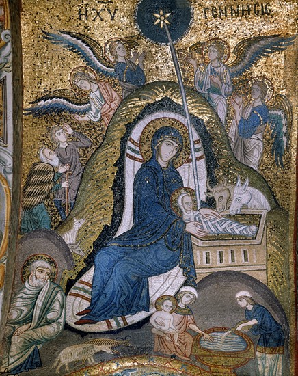 Eglise Santa Maria dell'Ammiraglio, dite "La Martorana", à Palerme (Sicile)
Mosaïque byzantine de la voûte : La Nativité
12e siècle.