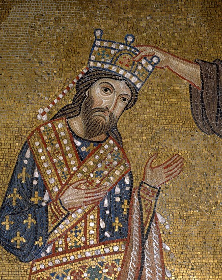 Mosaïque byzantine de l'église Santa Maria dell'Ammiraglio, dite "La Martorana", à Palerme (Sicile)
Roger II (1095-1154), roi de Sicile, couronné par le Christ
Détail
12e siècle.