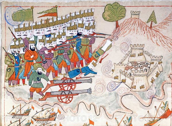 Ottoman troops at the reconquest of the island of Lemnos in the Aegean Sea occupied by the Venetians (detail)