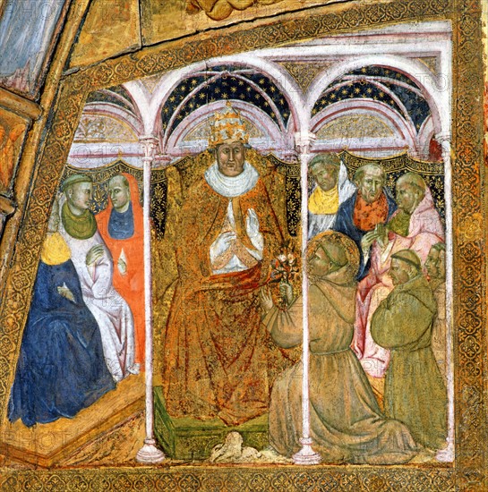 Saint Francis, accompanied by monks, asks Pope Honorius III for plenary indulgence for Assisi