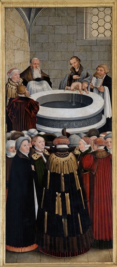 Cranach l'Ancien, Retable de la Réforme, panneau de gauche : Philippe Mélanchton baptisant un enfant