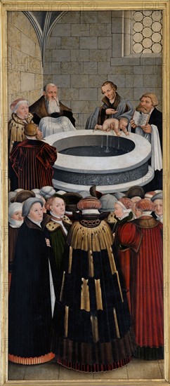 Cranach the Elder, Altarpiece of the Reformation, left panel: Philippe Melanchton baptizing a child