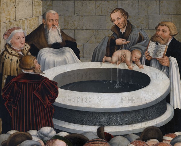 Cranach l'Ancien, Retable de la Réforme, panneau de gauche : Philippe Mélanchton baptisant un enfant (détail)
