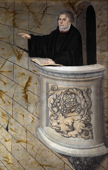 Cranach l'Ancien, Retable de la Réforme, détail du panneau inférieur : Martin Luther prononçant un sermon