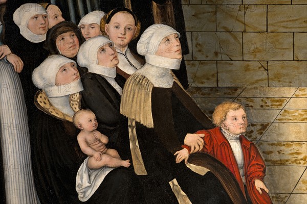 Cranach l'Ancien, Retable de la Réforme, détail du panneau inférieur : Fidèles écoutant les sermons de Martin Luther