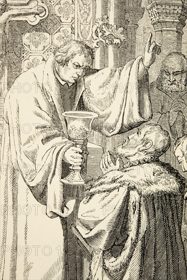 La vie de Martin Luther : Le Sacrement de la Sainte Communion avec du pain et du vin, selon les nouvelles règles de la Réforme