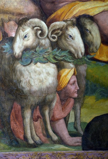 Allori, Ulysse et ses compagnons sortent de la grotte de Polyphème en se cachant parmi les moutons (détail)