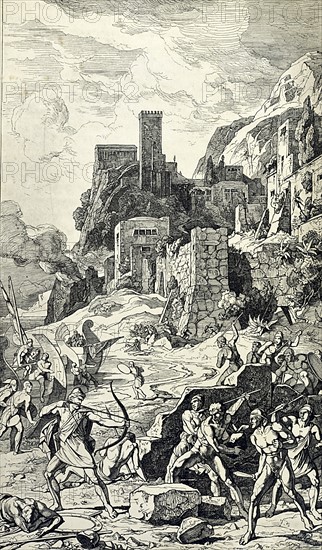 Ulysses and his companions confront the Cicone people on the Island of Ismara