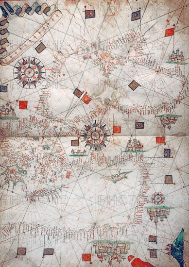 Carte nautique de la Mer Egée et des côtes d'Afrique du Nord en 1571